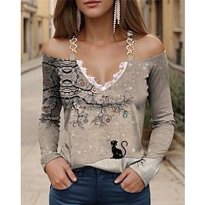 Ugly Christmas Shirt Women's Shirt Blouse Tree Cat Pink Blue Green Print Lace Long Sleeve Christmas Casual Festival  Holiday V Neck Regular Fit Cold Shoulder Spring   Fall Lightinthebox