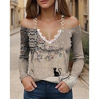 Ugly Christmas Shirt Women's Shirt Blouse Tree Cat Pink Blue Green Print Lace Long Sleeve Christmas Casual Festival  Holiday V Neck Regular Fit Cold Shoulder Spring   Fall Lightinthebox - thumbnail