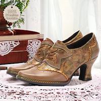 Women's Heels Pumps Handmade Shoes Vintage Shoes Wedding Party Floral Kitten Heel Round Toe Elegant Vintage Premium Leather Lace-up Brown Lightinthebox