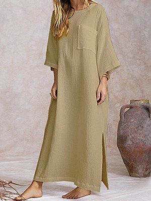 Loose Casual Solid Color Crew Neck Long Sleeve Slit Maxi Dress