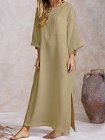 Loose Casual Solid Color Crew Neck Long Sleeve Slit Maxi Dress - thumbnail