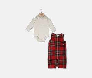 Toddlers Boys Bodysuit & Plaid Overalls Set  Red Combo
