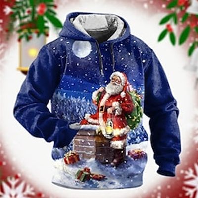 Graphic Santa Claus Merry Christmas Fashion Daily Basic Men's 3D Print Hoodie Pullover Sports Outdoor Holiday Vacation Hoodies Blue Dark Blue Hooded Front Pocket Print Spring   Fall Designer Lightinthebox