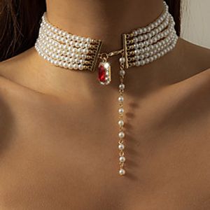 Choker Necklace Pendant Necklace Torque Women's Geometrical Cubic Zirconia Red Imitation Pearl Imitation Diamond Artistic Simple Fashion Vintage Trendy Gold 40 cm Necklace Jewelry 1pc for Street Lightinthebox