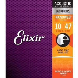 Elixir Strings 11002 Nanoweb 80/20 Acoustic Guitar Strings - .010-.047 Extra Light