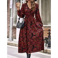 Women's Casual Dress Swing Dress Floral Print V Neck Midi Dress Streetwear A Line Street Holiday Long Sleeve Regular Fit Black Summer Spring S M L XL Lightinthebox - thumbnail