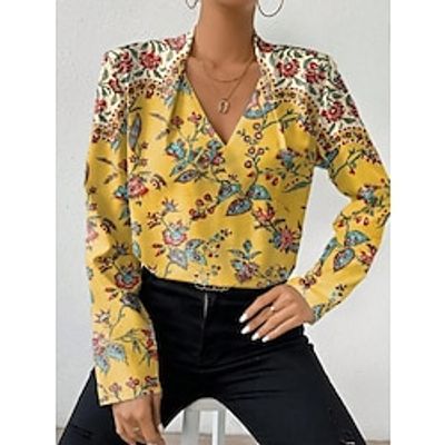 Women's Shirt Blouse Floral Yellow Pink Orange Print Button Long Sleeve Casual Holiday Fashion V Neck Regular Fit Spring   Fall Lightinthebox