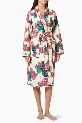 Passerine Print Quilted Robe in Cotton Passerine Print Quilted Robe in Cotton