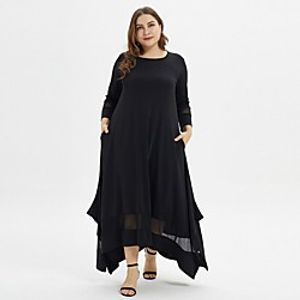 Women's Shift Dress Maxi long Dress Black Long Sleeve Solid Color Patchwork Print Fall Round Neck Casual Slim Mesh XL XXL 3XL 4XL 5XL / Plus Size miniinthebox