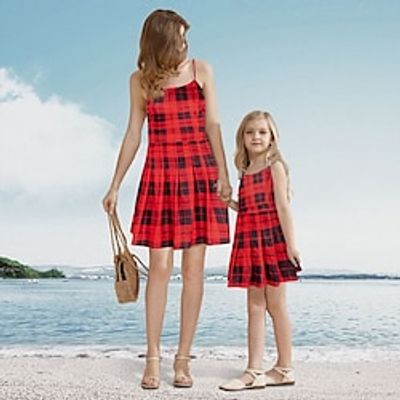 Mommy and Me Dresses Plaid Daily Red Sleeveless Above Knee Strap Dress Active Matching Outfits miniinthebox
