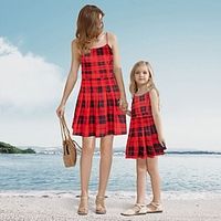 Mommy and Me Dresses Plaid Daily Red Sleeveless Above Knee Strap Dress Active Matching Outfits miniinthebox - thumbnail