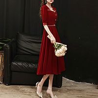 A-Line Minimalist Elegant Party Wear Cocktail Party Dress Scoop Neck Half Sleeve Tea Length Stretch Fabric with Beading Lace Insert 2021 miniinthebox - thumbnail