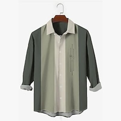 Men's Shirt 3D Print Striped Turndown Street Casual Button-Down Print Long Sleeve Tops Casual Fashion Breathable Green miniinthebox