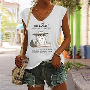 Women's Tank Top Black White Pink Cat Letter Print Sleeveless Casual Basic V Neck Regular S miniinthebox