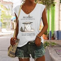 Women's Tank Top Black White Pink Cat Letter Print Sleeveless Casual Basic V Neck Regular S miniinthebox - thumbnail