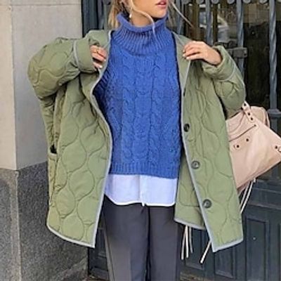 Women's Winter Jacket Winter Coat Parka Warm Breathable Outdoor Daily Wear Vacation Going out Button Pocket Single Breasted V Neck Casual Lady Comfortable Solid Color Regular Fit Outerwear Long Sleeve Lightinthebox