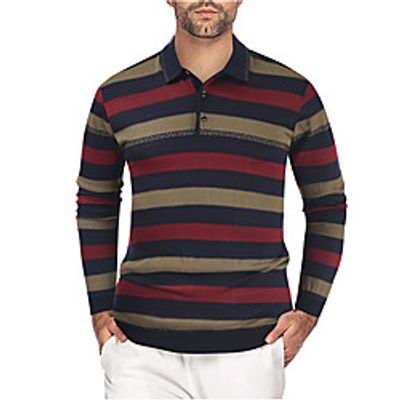 Men's Golf Shirt Striped Button-Down Long Sleeve Street Tops Business Sportswear Casual Fashion Blue Orange Red Lightinthebox