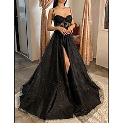A-Line Prom Dress Corsets Black Dress Wedding Holiday Court Train Sleeveless Spaghetti Strap Detachable Tulle with Slit Appliques 2023 Lightinthebox