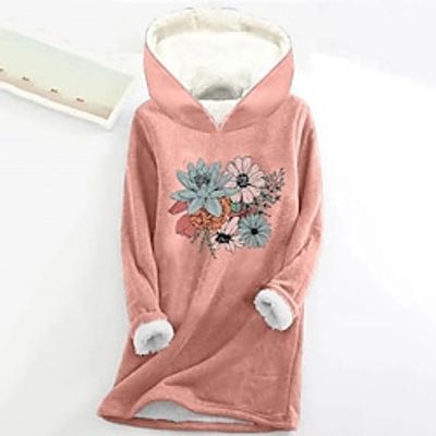 Women's Hoodie Sweatshirt Pullover Fleece Lined Floral Teddy Fuzzy Print Black Yellow Pink Casual Sports Hoodie Long Sleeve Top Micro-elastic Fall  Winter Lightinthebox