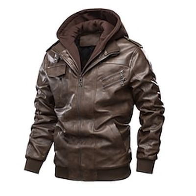 Men's Faux Leather Jacket Biker Jacket Hoodie Jacket Outdoor Daily Wear Warm Pocket Fall Winter Plain Fashion Streetwear Lapel Regular Black Coffee Gray Jacket Lightinthebox