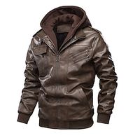 Men's Faux Leather Jacket Biker Jacket Hoodie Jacket Outdoor Daily Wear Warm Pocket Fall Winter Plain Fashion Streetwear Lapel Regular Black Coffee Gray Jacket Lightinthebox - thumbnail