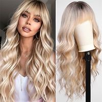 Ombre Blonde Wigs with BangsLong Curly Wig for WomenBlonde Long Wavy Wig Synthetic Hair Wig for Party Cosplay Daily Use 24IN miniinthebox