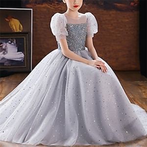 Kids Toddler Little Girls' Dress Plain Sequin Swing Dress Wedding Special Occasion Sequins Ruched Mesh Gray Maxi Short Sleeve Princess Cute Dresses Spring Summer Slim 1 PC 4-13 Years Lightinthebox