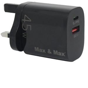 Max & Max GaN Dual Port Charger 45 Watts Black | GaN Fast Charging, Dual Port PD+QC 3.0 Output, Fireproof Material, Smart Intelligent Chip