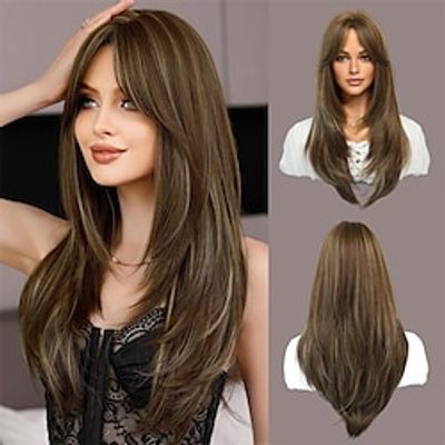 Long Wavy Wig Honey Blonde Highlight Layered Wig with Curtain Bangs Synthetic High Density Heat Resistant Hair Straight Wig for Daily Party 25 Inches Lightinthebox