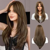 Long Wavy Wig Honey Blonde Highlight Layered Wig with Curtain Bangs Synthetic High Density Heat Resistant Hair Straight Wig for Daily Party 25 Inches miniinthebox