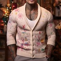 Snowflake Retro Vintage Men's Button Knitting Print Ugly Christmas Sweater Cardigan Sweater Knitwear Outdoor Daily Vacation Christmas Long Sleeve V Neck Sweaters Pink Fall Winter S M L Sweaters Lightinthebox