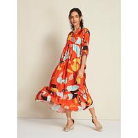 Satin Boho Floral Half Sleeve Y Neck Maxi Dress - thumbnail