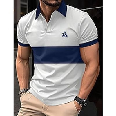Men's Polo Shirt Button Up Polos Casual Holiday Lapel Short Sleeve Fashion Basic Color Block Patchwork Embroidered Summer Regular Fit White Red Blue Polo Shirt Lightinthebox