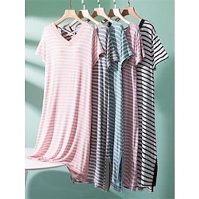 Women's Pajamas Nightgown Nightshirt Dress Stripe Fashion Comfort Home Daily Bed Modal Breathable V Wire Short Sleeve Chest pads Summer Black Light Green Lightinthebox