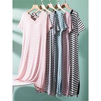 Women's Pajamas Nightgown Nightshirt Dress Stripe Fashion Comfort Home Daily Bed Modal Breathable V Wire Short Sleeve Chest pads Summer Black Light Green Lightinthebox - thumbnail