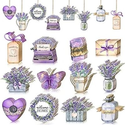 24pcs Wooden Romantic Purple Lavender Butterfly Flower Heart Hanging Decoration Accessories For Birthday Valentine's Day Wedding Home Decoration miniinthebox