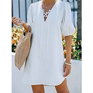Women's Casual Dress Shift Dress Summer Dress Plain Lace up V Neck Puff Sleeve Mini Dress Basic Classic Outdoor Daily Half Sleeve Regular Fit Black White Red Summer Spring S M L XL Lightinthebox