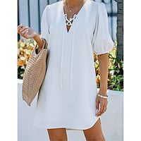 Women's Casual Dress Shift Dress Summer Dress Plain Lace up V Neck Puff Sleeve Mini Dress Basic Classic Outdoor Daily Half Sleeve Regular Fit Black White Red Summer Spring S M L XL Lightinthebox - thumbnail