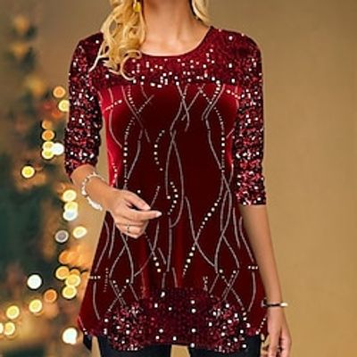 Women's Shirt T shirt Tee Blouse Christmas Shirt Yellow Red Striped Sparkly Sequins Print Long Sleeve Party Christmas Weekend Festival  Holiday Round Neck Regular Fit Painting Spring   Fall Lightinthebox