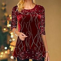 Women's Shirt T shirt Tee Blouse Christmas Shirt Yellow Red Striped Sparkly Sequins Print Long Sleeve Party Christmas Weekend Festival  Holiday Round Neck Regular Fit Painting Spring   Fall Lightinthebox - thumbnail