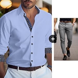 Men's Shirt Shirt Set Button Up Shirt Casual Shirt Blue Long Sleeve Color Block Argyle Lapel Office Business 2 Pack Clothing Apparel Fashion Casual Comfortable Lightinthebox