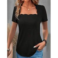 Women's T shirt Tee Plain Party Daily Ruffle Black Short Sleeve Stylish Basic U Neck Summer Lightinthebox