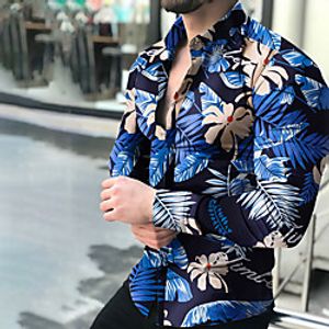 Men's Shirt Color Block Leaves Print Long Sleeve Casual Tops Lightweight Fashion Tropical Hawaiian Blue Green miniinthebox