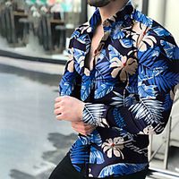 Men's Shirt Color Block Leaves Print Long Sleeve Casual Tops Lightweight Fashion Tropical Hawaiian Blue Green miniinthebox - thumbnail