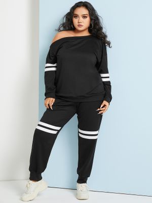 YOINS Plus Size One Shoulder Striped Side Pockets Long Sleeves Two Piece Outfit YOINS Plus Size One Shoulder Striped Side Pockets Long Sleeves Two Piece Outfit