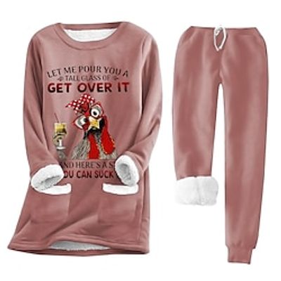 Women's Sweatshirt Tracksuit Pants Sets Fleece Lined Fleece Animal Letter Dark Pink Blue Gray Print Long Sleeve Outdoor Casual Warm Funny Round Neck Regular Fit Fall  Winter Lightinthebox