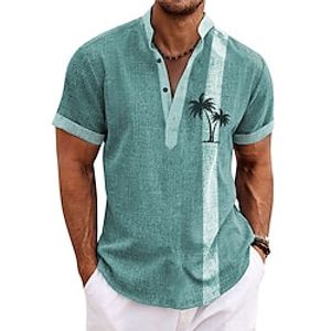 Men's Shirt Linen Shirt Coconut Tree Striped Graphic Prints Stand Collar Light Green Navy Blue Blue Brown Green Outdoor Street Short Sleeve Print Clothing Apparel Linen Fashion Streetwear Designer miniinthebox