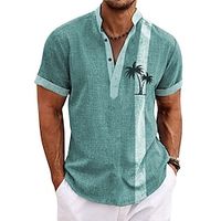 Men's Shirt Linen Shirt Coconut Tree Striped Graphic Prints Stand Collar Light Green Navy Blue Blue Brown Green Outdoor Street Short Sleeve Print Clothing Apparel Linen Fashion Streetwear Designer miniinthebox - thumbnail