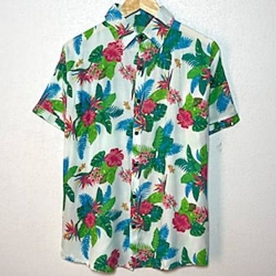 Men's Shirt Floral Turndown Green 3D Print Street Holiday Short Sleeves Button-Down Print Clothing Apparel Tropical Sports Fashion Hawaiian miniinthebox