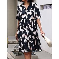 Women's Black Dress Tie Dye Abstract Layered Shirt Collar Midi Dress Classic Work Vacation Short Sleeve Summer Spring Lightinthebox